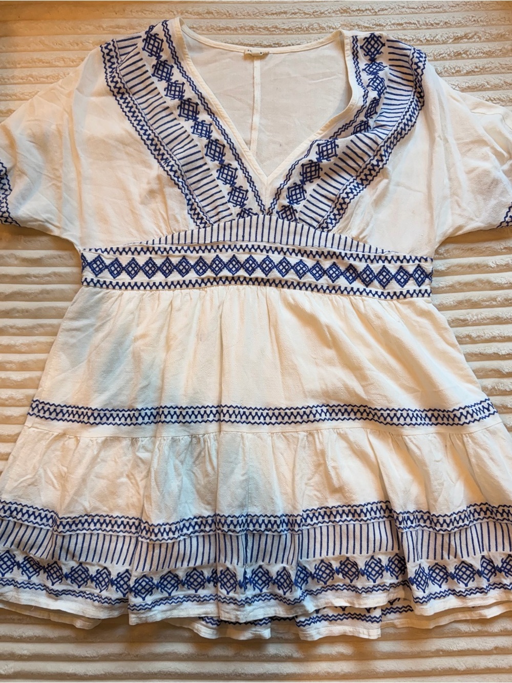 White V-Neck Embroidered Dress with Blue Detailing